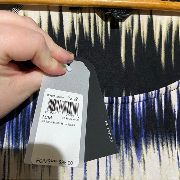 NWT GUESS 3/4 Sleeve Joise Rutched Mini Dress Jet Black Multi Size Medium - Picture 12 of 12